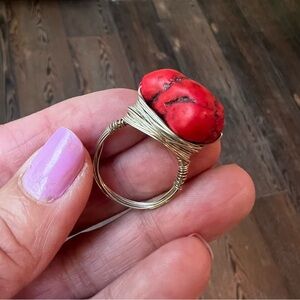 Red Coral Stone Silver Nest Ring Size 9 boho southwestern western artisan